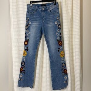 Ashley Mason Blue Flare Jeans with Multicolor Floral Embroidery